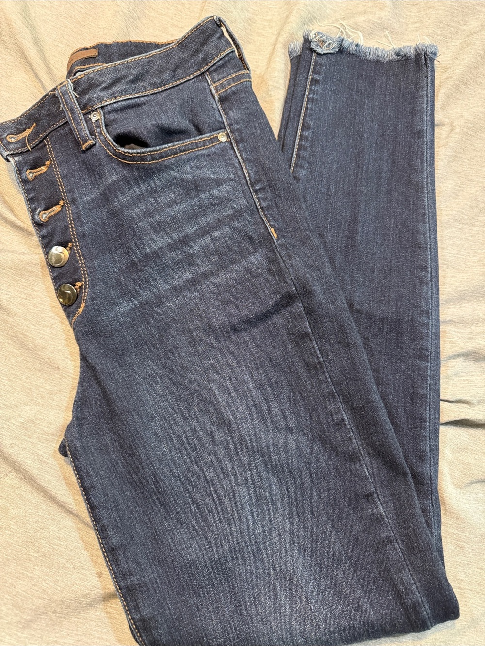 Joe's Jeans High-Rise Dark Blue Button-Fly Frayed Hem Skinny Jeans